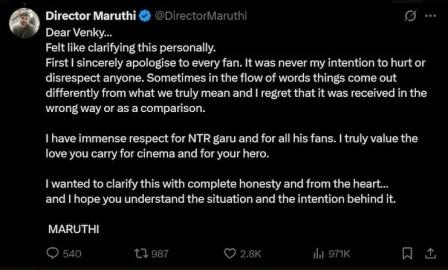 Director Maruthi Issues Apology to Jr NTR Fans After Unintended Remark at The Raja Saab Movie Event