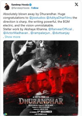 Randeep Hooda Praises Ranveer Singh Led Dhurandhar